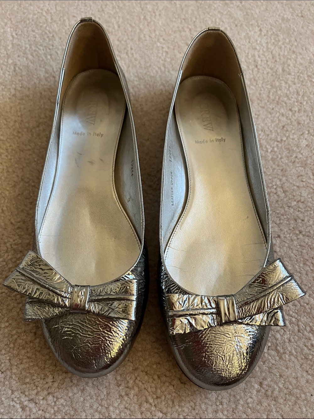 J.Crew Metallic Silver Bow Ballet Flats Size 9.5 Made in Italy Leather